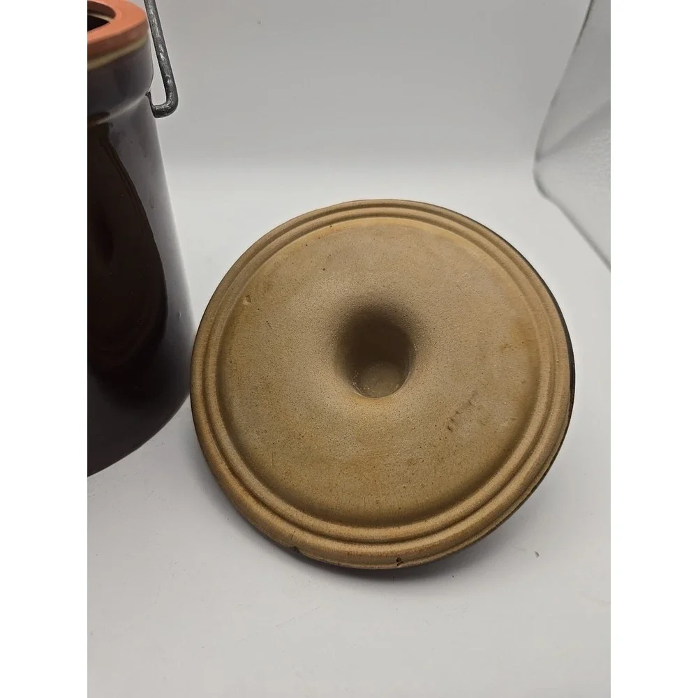 Vintage Small Glazed Butter Cheese Crock w/ Locking Bale Wire Lid Brown‎ Color